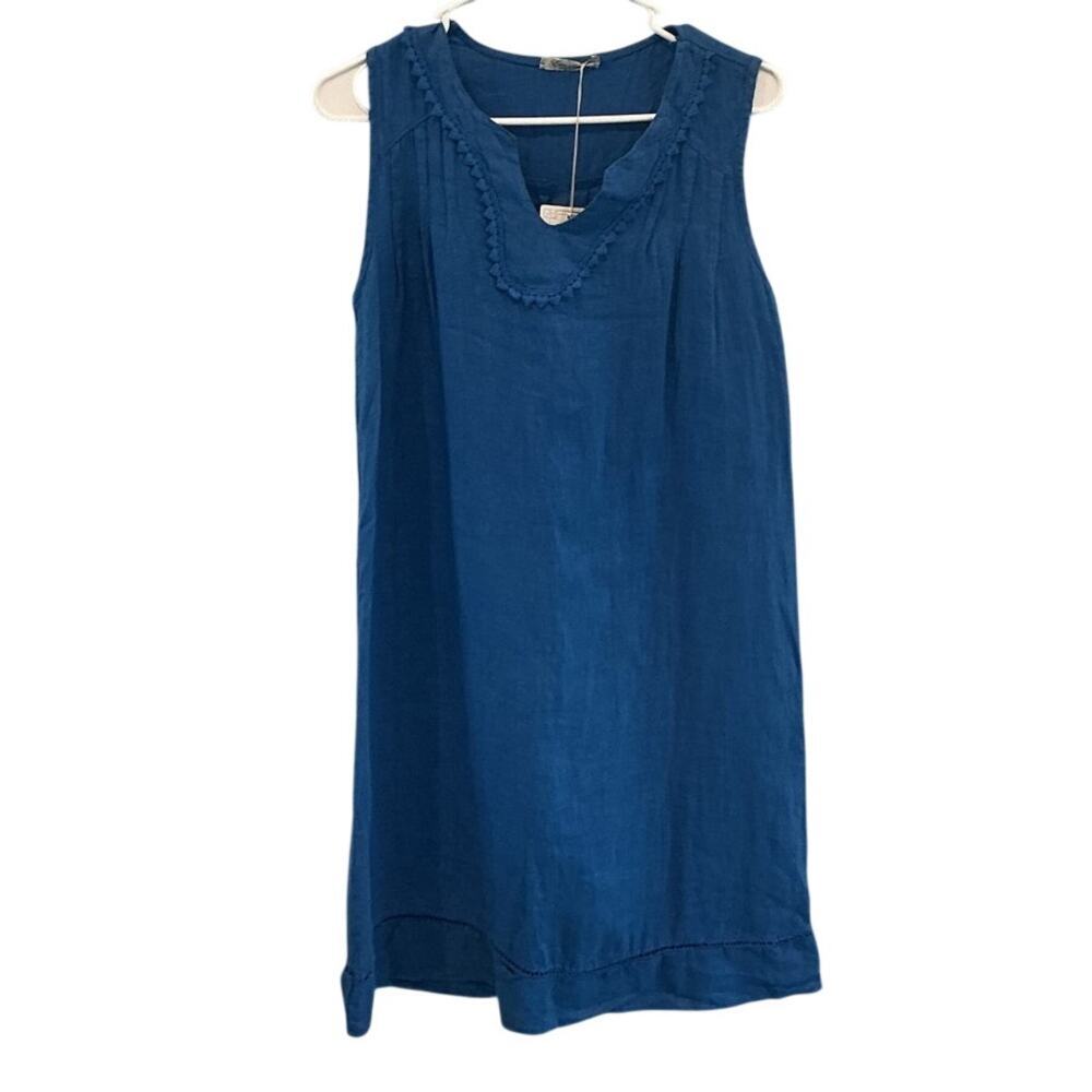 NEW Elena Baldi Womens Linen Shift Dress Size S Blue Beachy Lagenlook Boho Vacay